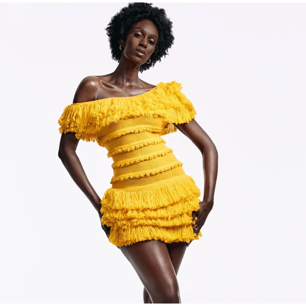 Hanifa Cassandra Knit Fringe Tassel Mini Dress in Lemon Drop Yellow sz M